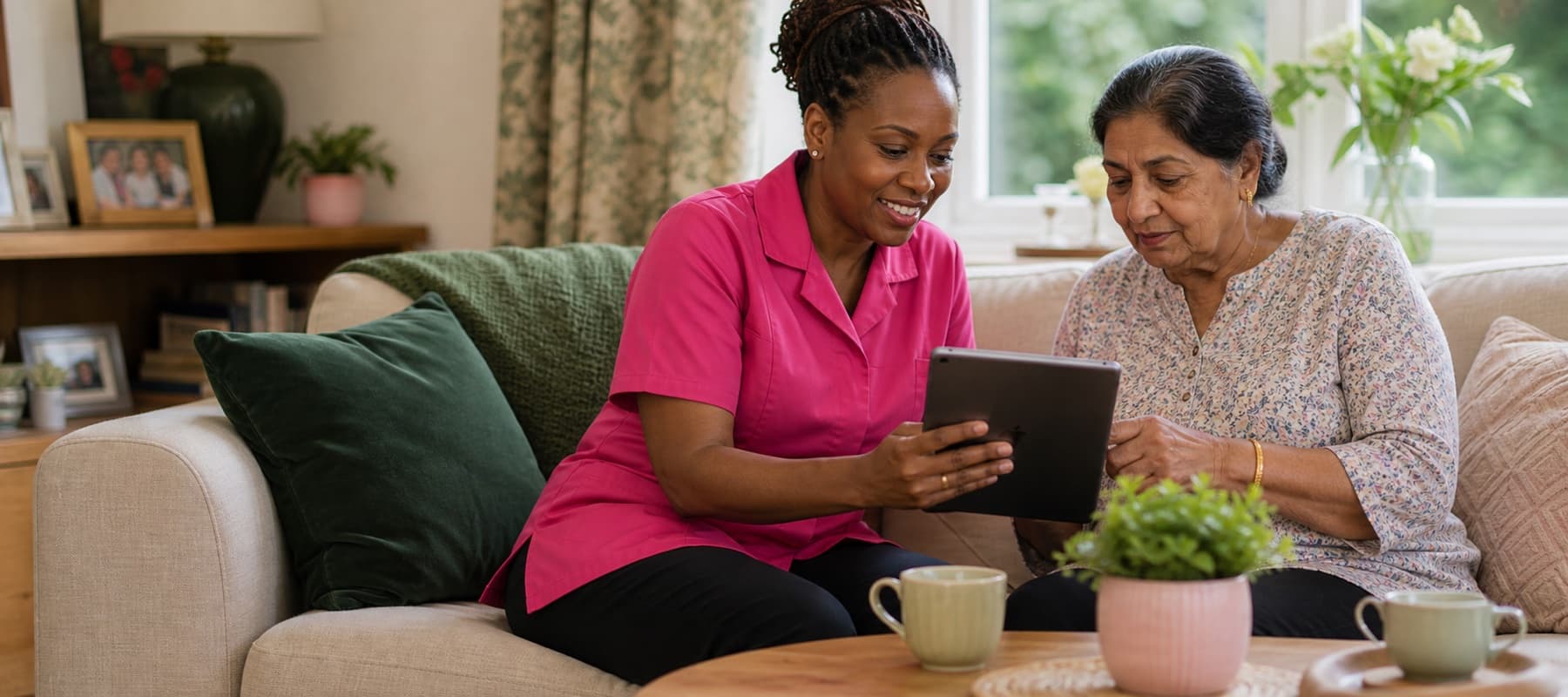 A home carer in a pink uniform reviewing a care plan with an older client at home