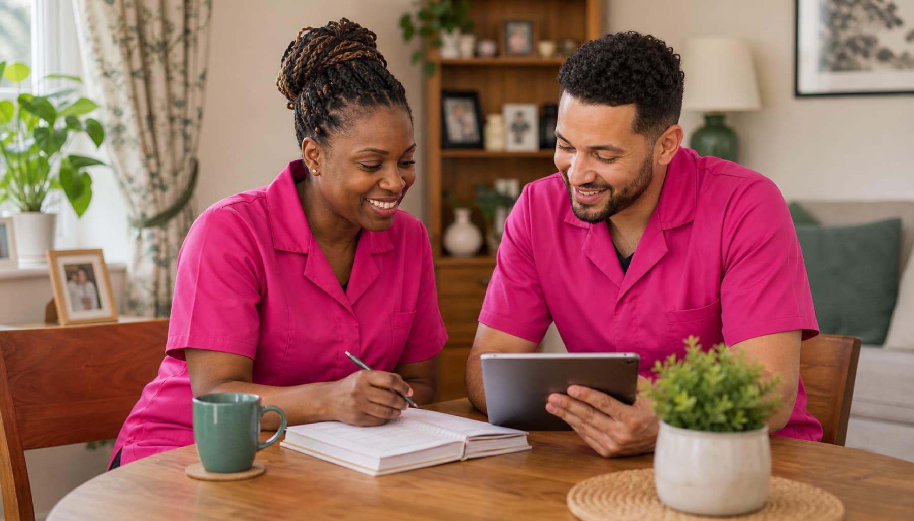 Two home carers in pink uniforms reviewing training notes together