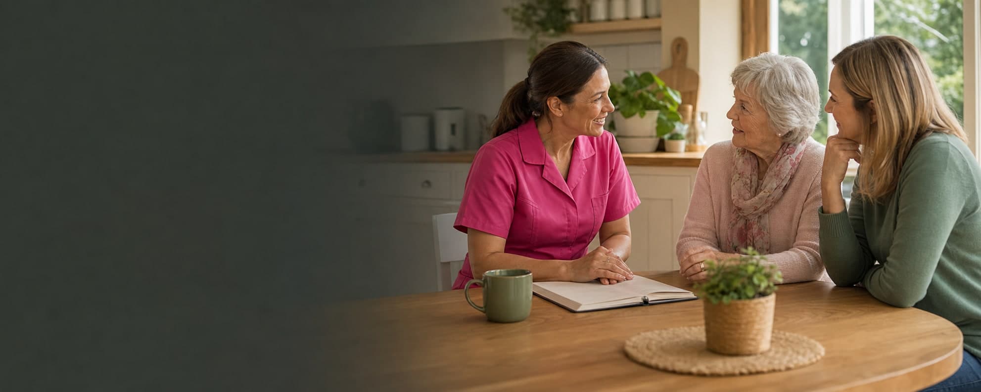 A family having a friendly home care consultation