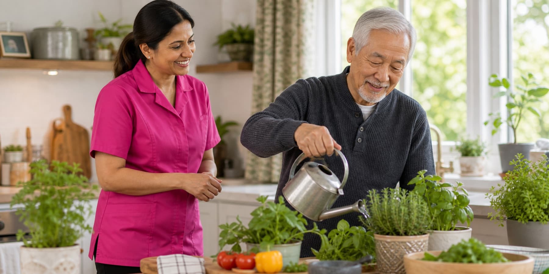 A home carer in a pink uniform encouraging an older client watering plants at home