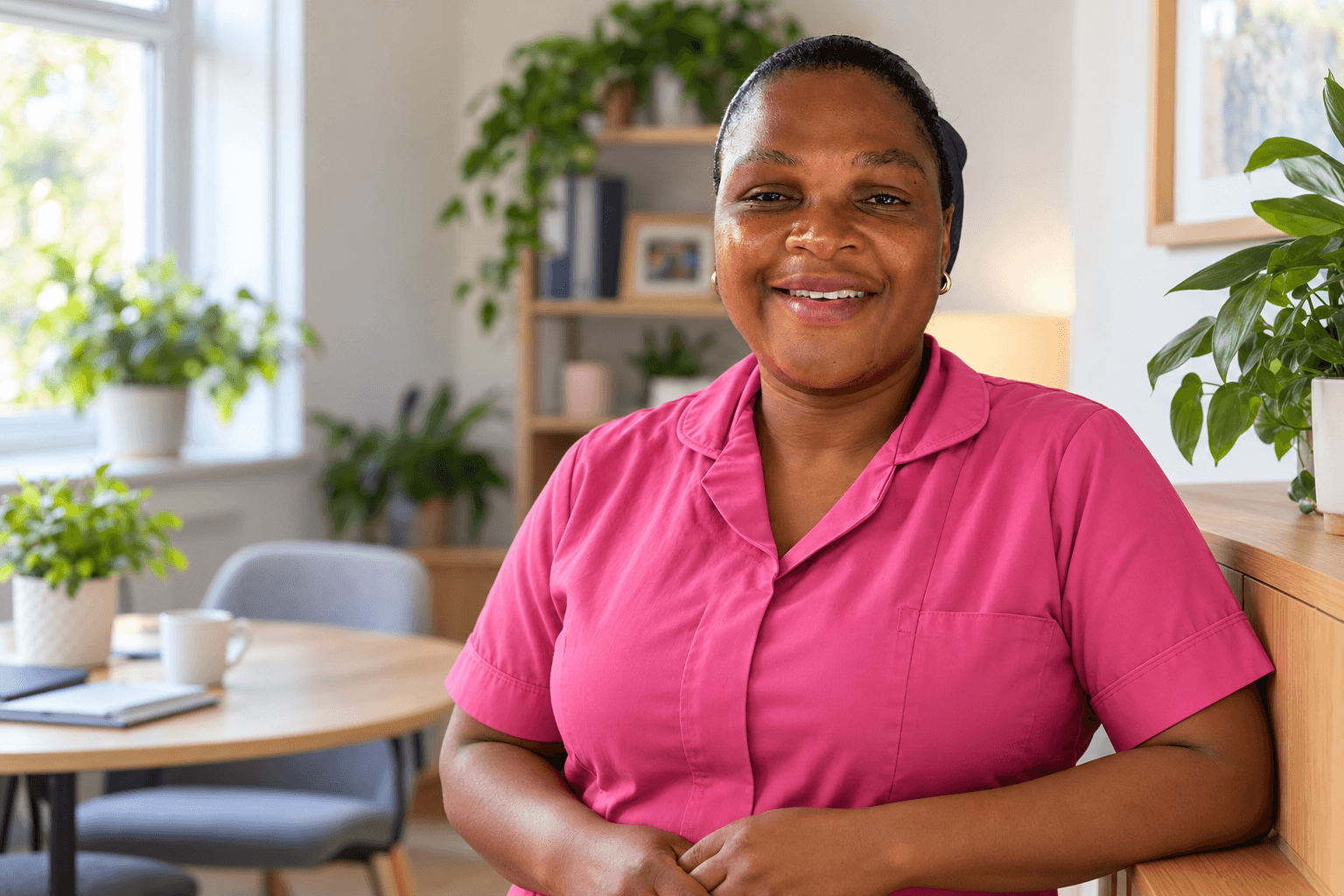 A Loidis Care team member in a pink care uniform smiling in a welcoming office