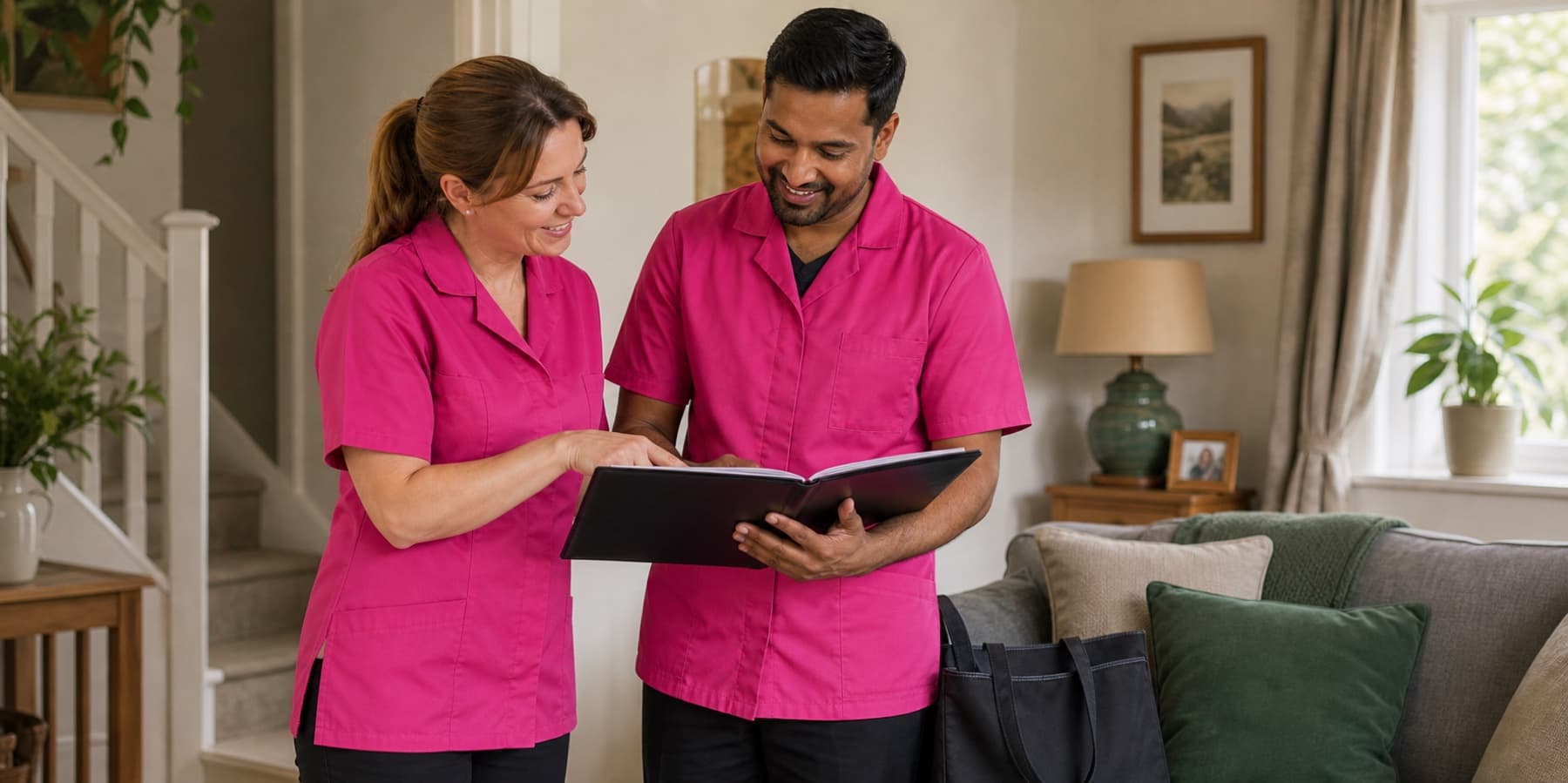 Two home carers in pink uniforms reviewing a care folder before a visit
