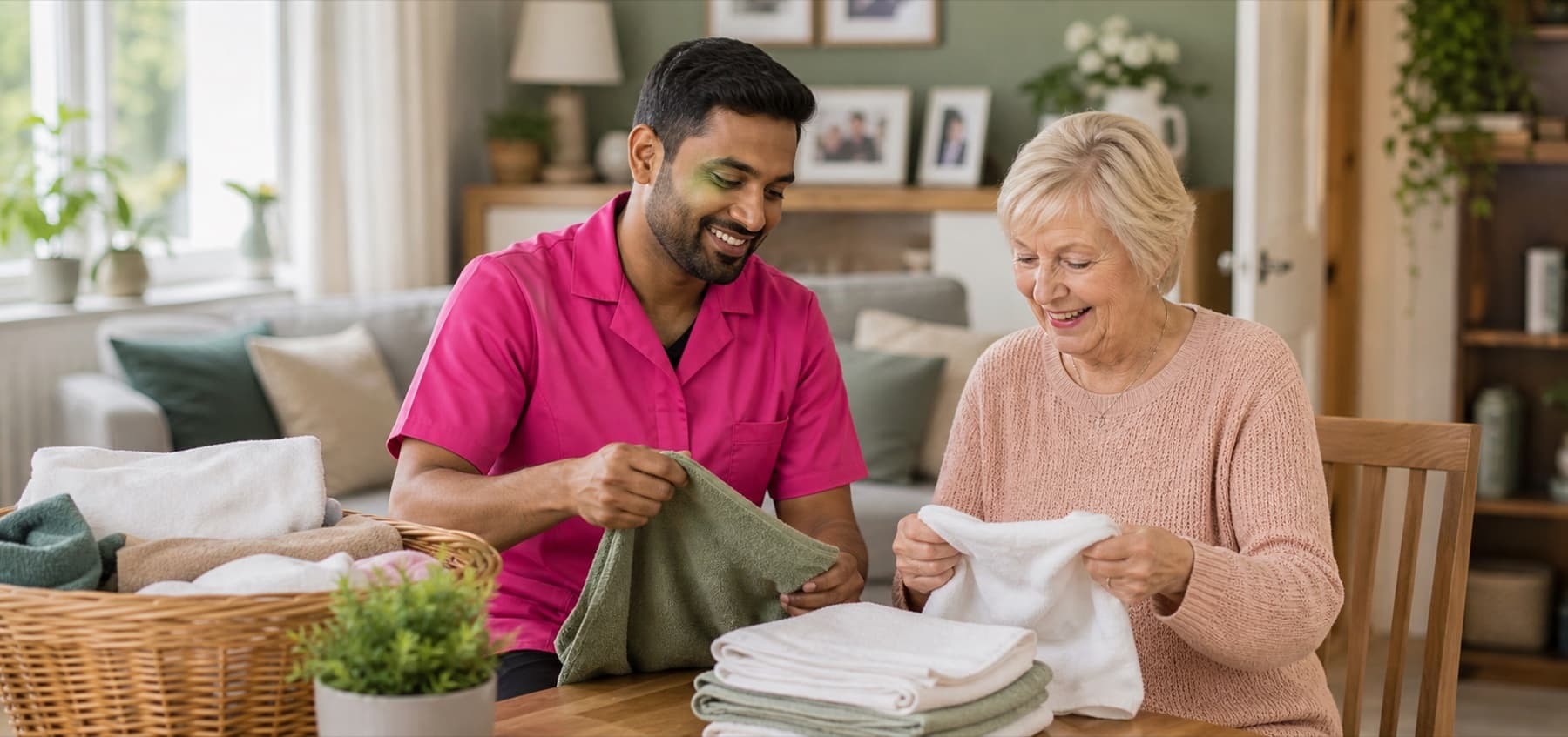 A home carer in a pink uniform folding laundry with an older client at home