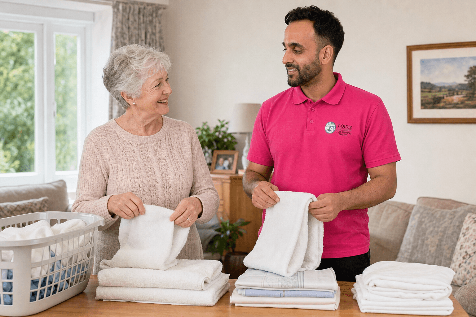 A Loidis carer and an older woman folding clean laundry together
