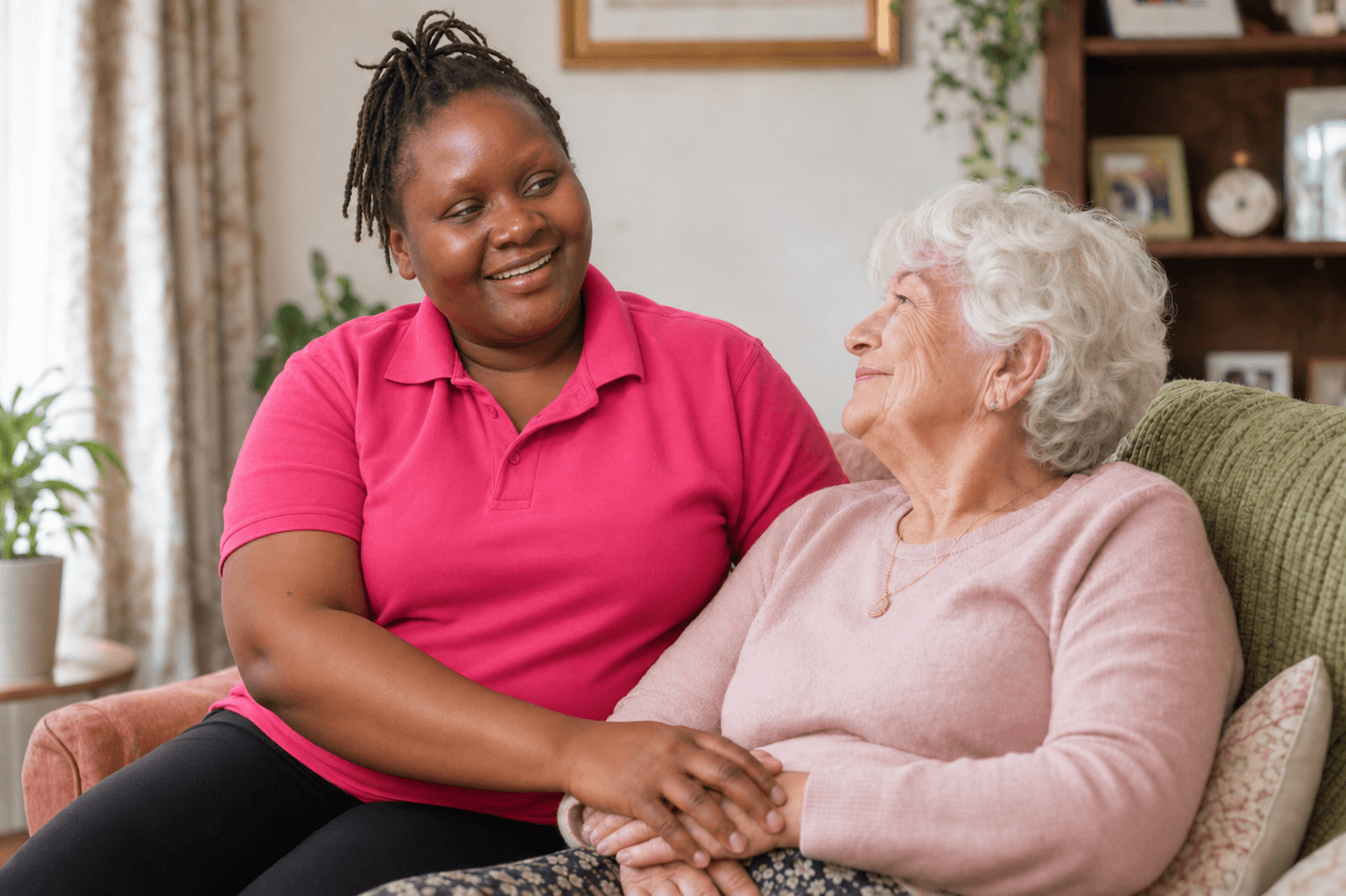 A Loidis carer sharing a reassuring moment with an older woman at home