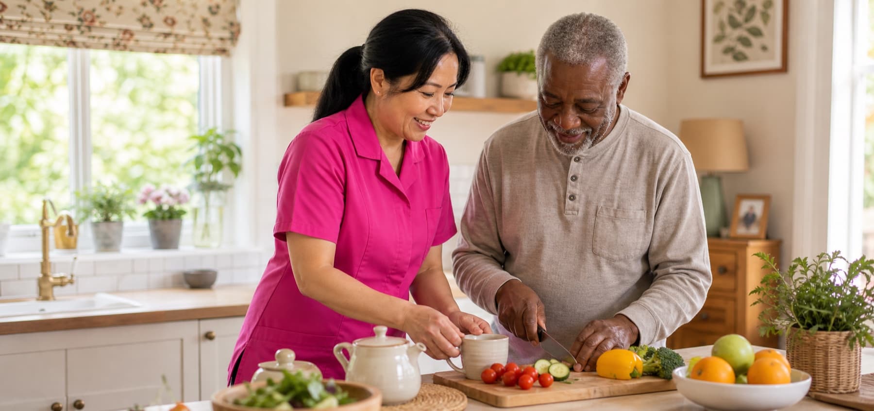 A home carer in a pink uniform preparing food with an older client in a kitchen