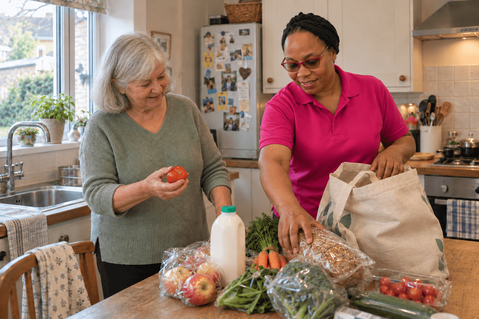 A Loidis carer and an older woman unpacking groceries together in a home kitchen