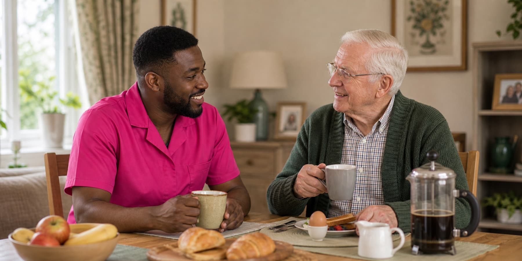 A live-in carer in a pink uniform sharing breakfast with an older client at home