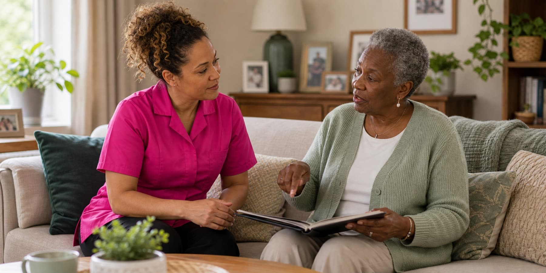 A home carer in a pink uniform listening to an older client at home