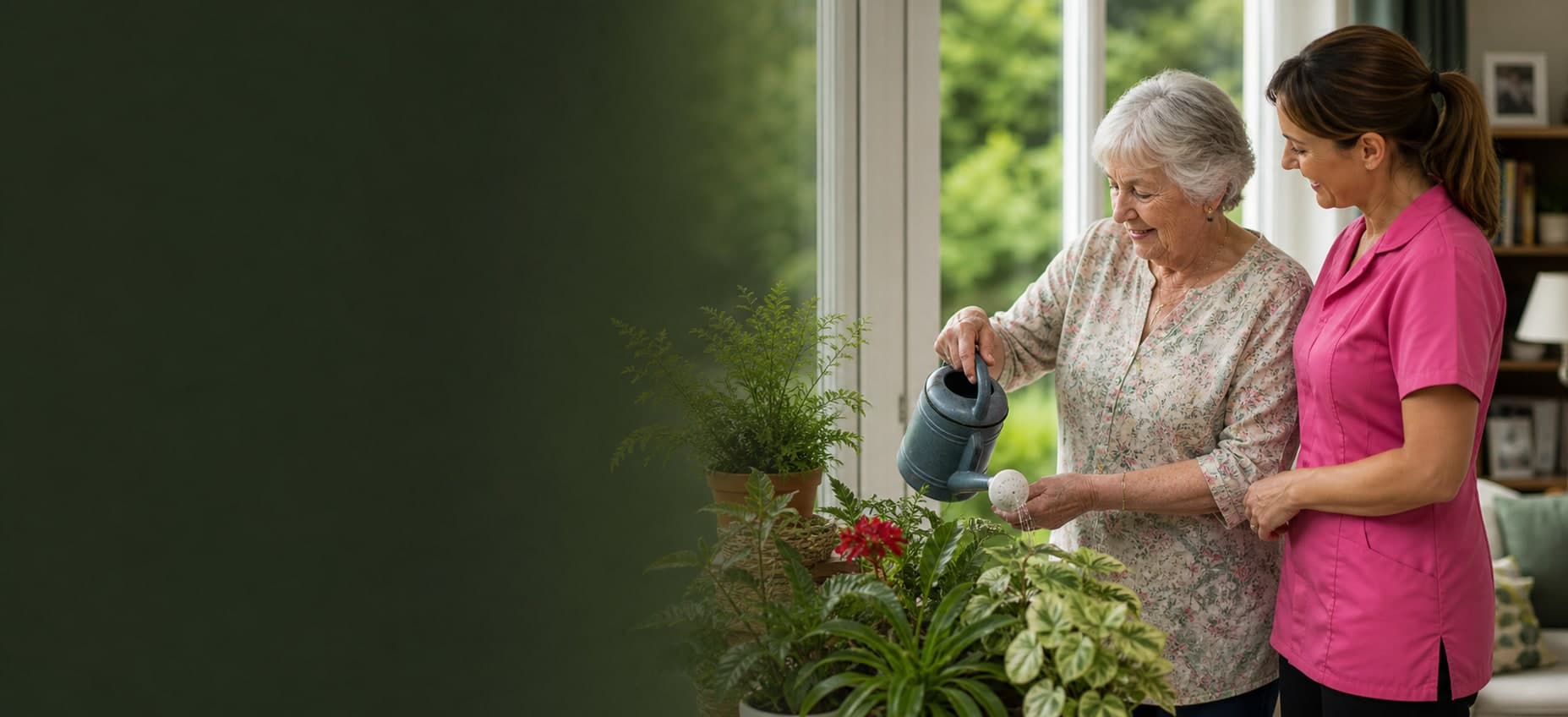 An older woman independently tending her plants with a carer nearby