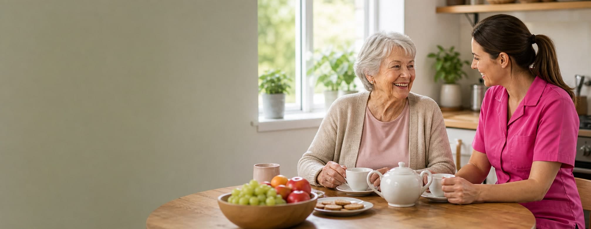 A live-in carer sharing breakfast with an older woman at home