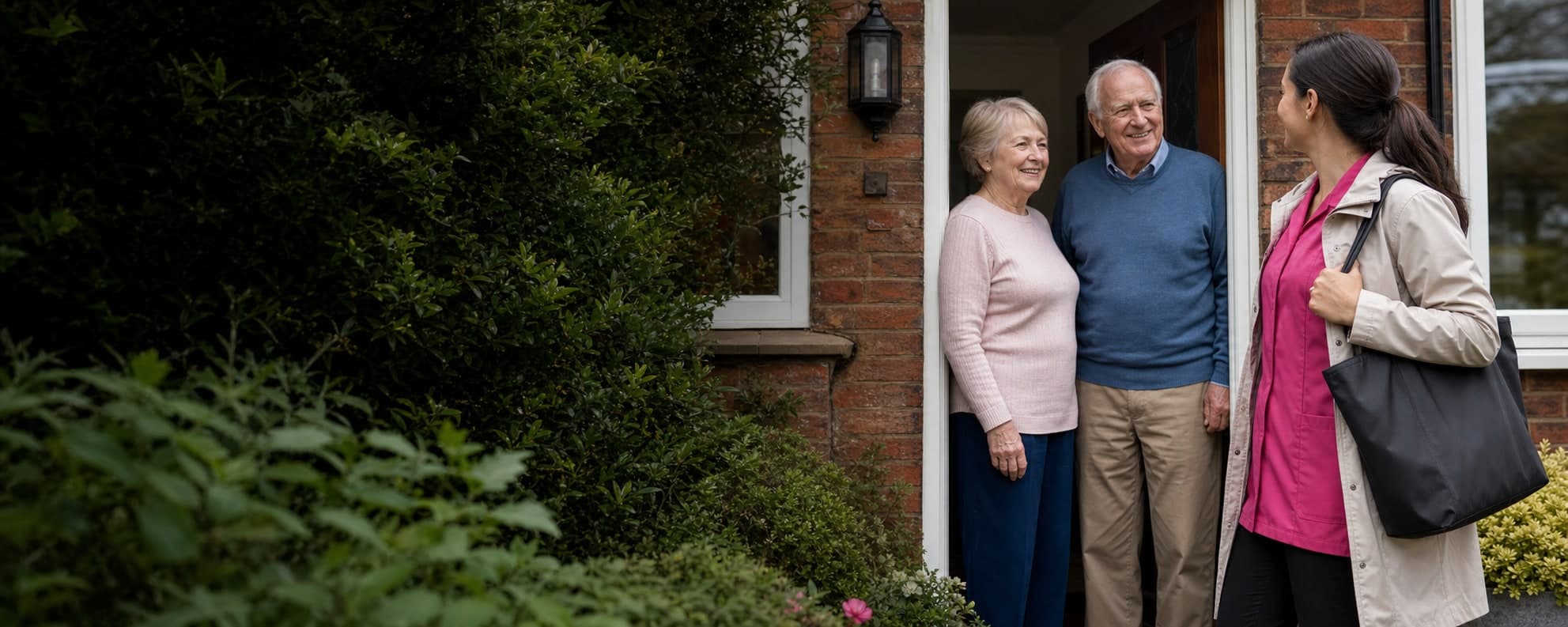 A local home carer arriving for a visit with an older couple