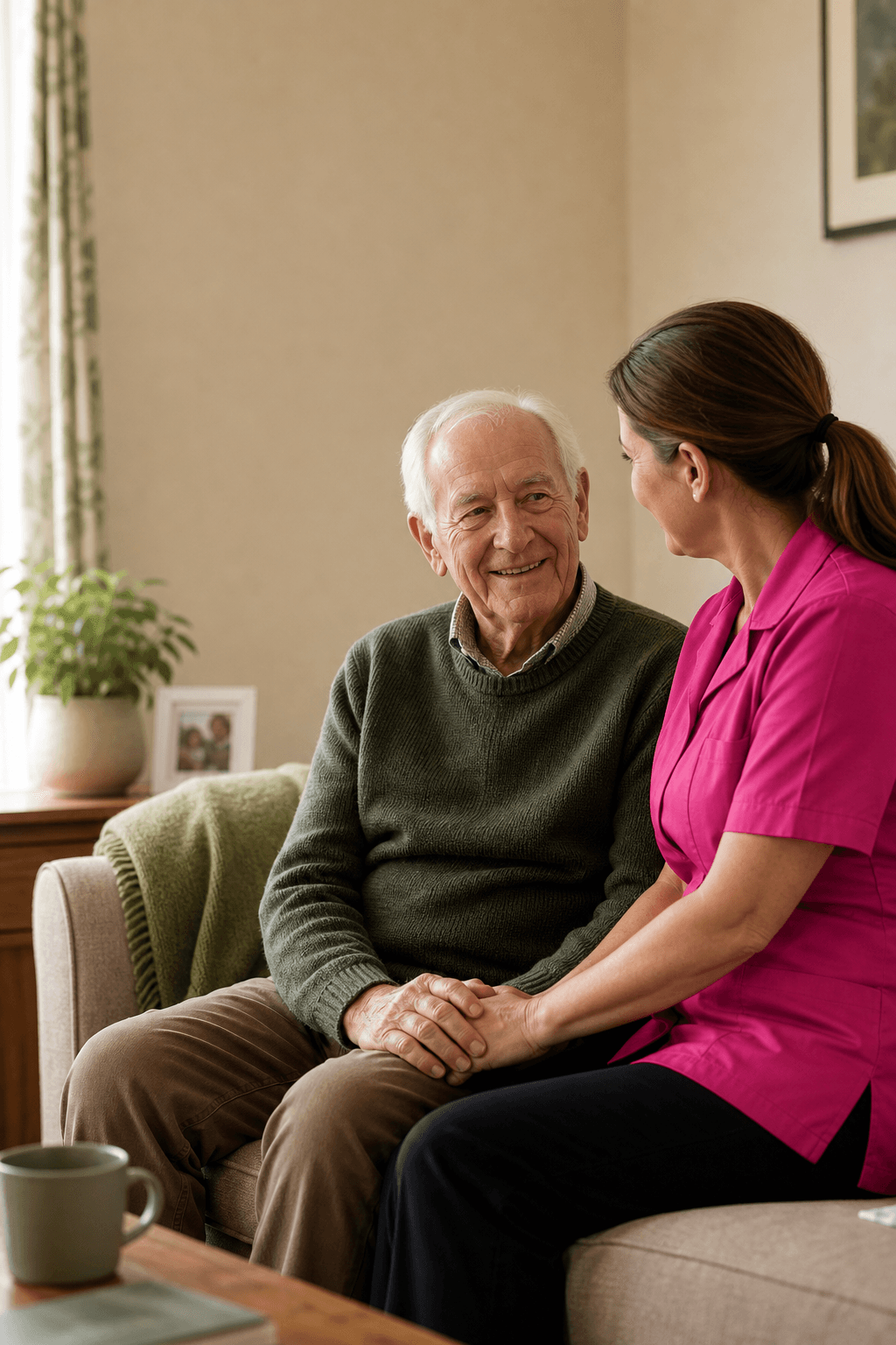 A professional home carer talking with an older client in his living room